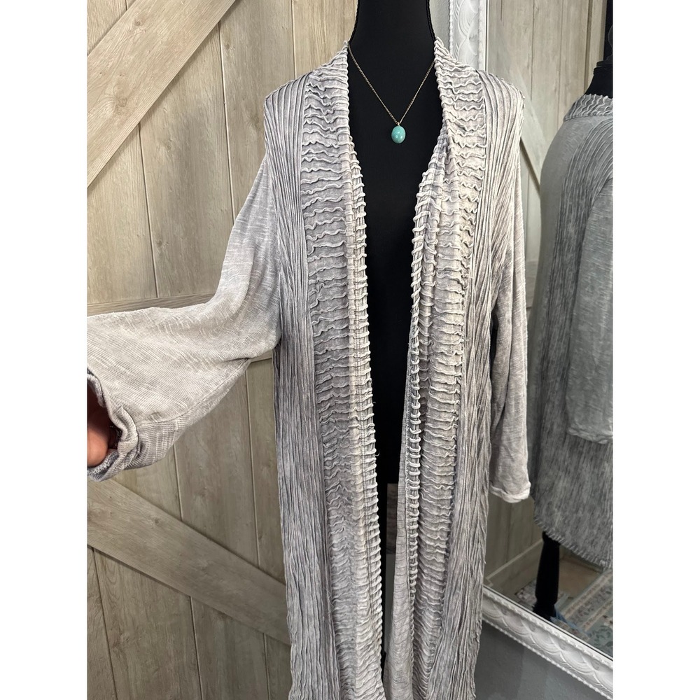Chicos Zenergy Grey Pleated Ruffle Longline Cardigan Duster Womens Size  XL